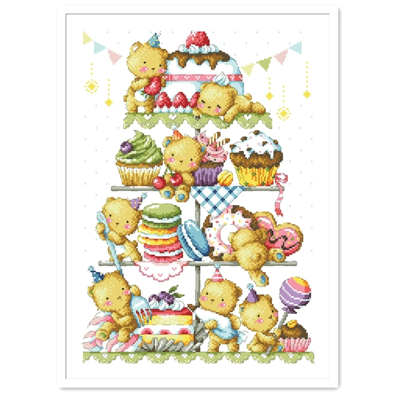 Making Cakes Cross Stitch Cartoon Bear Tower 18ct 14ct 11ct White Fabric Cotton Thread Embroidery DIY Handmade Needlework