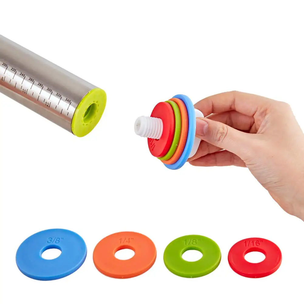 Rolling Pin and Silicone Baking Pastry Mat Set, Non Stick Stainless Steel Roller, Rolling Pins with Adjustable Thickness Rings