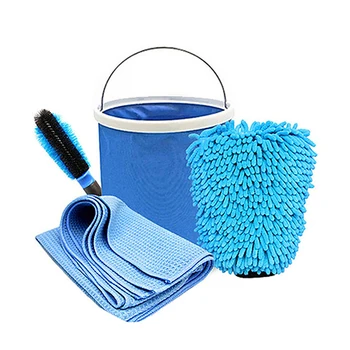 

4Pcs Car Cleaning and Drying Set Include Foldable Bucket Magnet Microfiber Drying Towel Microfiber Glove Wash Brush