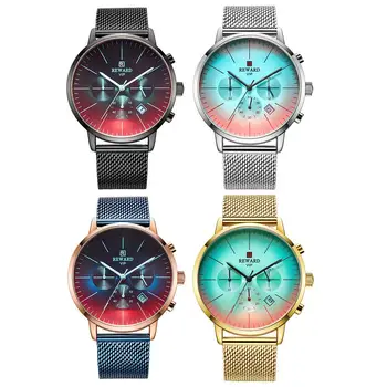 

REWARD Men's Wristwatch Relogio Masculino Luxury Men Watch Mesh Belt Waterproof Men's Watch Fashion Colorful Glass Sport Clock