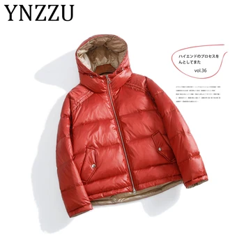 

YNZZU 2019 New Winter Short Loose Women's Down Jacket Chic Glossy Hooded 90% White Duck Down Coat Female Warm Outwears A1179