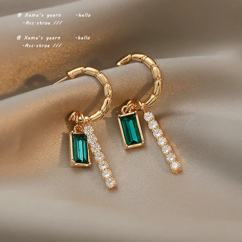 New Retro Style Square Green Zircon Pendant C-shaped Earrings Fashion Girls Accessories Christmas Party Jewelry For Woman