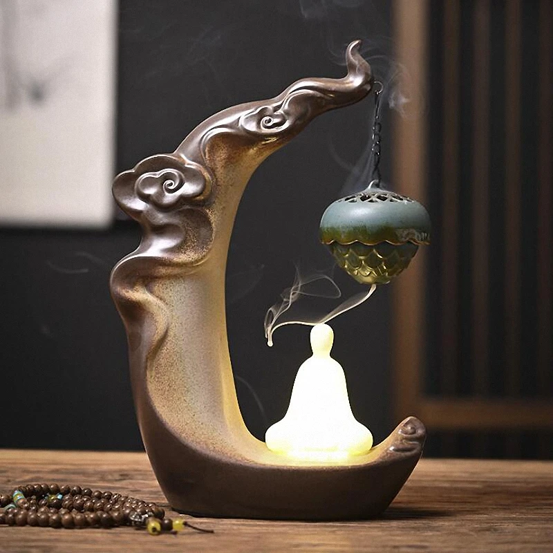 

PINNY LED Cloud Backflow Ceramic Incense Burner Bouddha Large Censer Home Decoration Accessories Ceramic Crafts