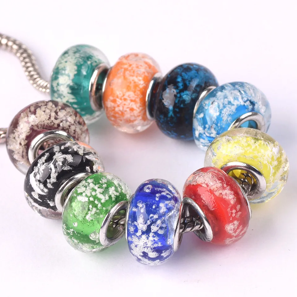 Lot De 5 Perles Lampwork (Murano Style) Avec Finitions Argent - 15x9mm, Trou 4.5mm - Neuf