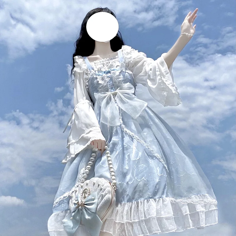 Victorian Retro Lolita Jsk Dress Elegant Women Sweet Lace Shell Print Kawaii Princess Sleeveless Dresses Girls Cute Party Vestid