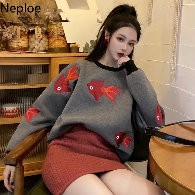 Neploe толстовки с круглым вырезом и длинным рукавом с вышивкой золотой рыбки, толстовка с толстым принтом, теплый осенне-весенний женский топ с длинным рукавом 47679