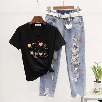 

Summer 2pc Women Outfits Heavy Beading Letter Cotton T-shirt Holes Denim Pants Female Short sleeve Tee shirt Jeans Two Piece Set