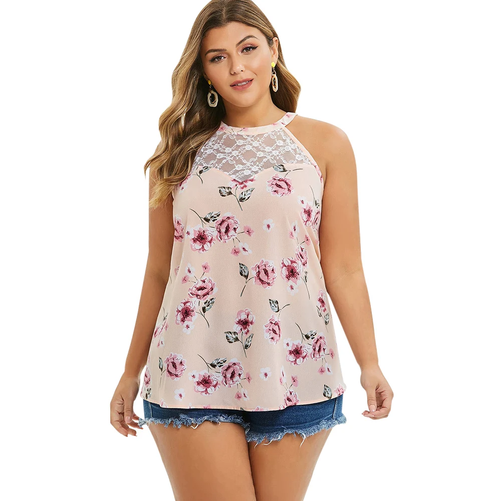 

Plus Size Floral Print Tank Top Sexy Halter Lace Mesh Women Cami Top Elegant Ladies Tank Top Summer Casual Streetwear Long Tunic