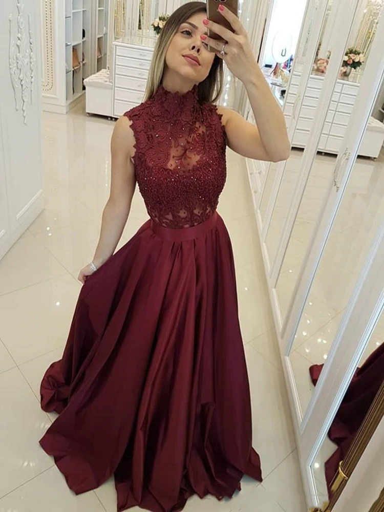 2020 High Collar Sleeveless Evening Dresses Lace Applique Buttons Back Mother of the Bride Dress Satin A Line Prom Gowns | Свадьбы и