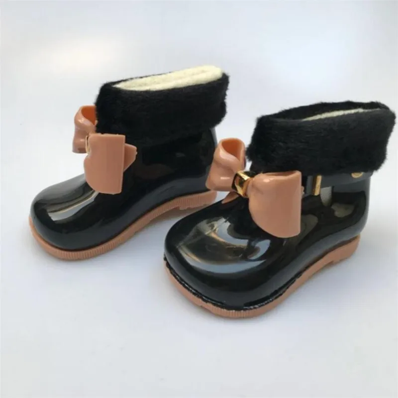 Plus velvet black Зимние детские непромокаемые резиновые сапоги для девочек, детские зимние сапоги с плюшевой подкладкой, теплые непромокаемые сапоги с бантом, модные резиновые сапожки, детская прозрачная обувь - Цвет: Plus velvet black
