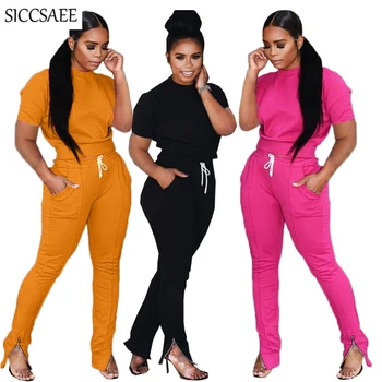 

Short Sleeve Tee Zipper Leg Opening Long Pants 2 Piece Set Women 2020 Solid Color Sexy Casual Clothing Sweat Suit Activewear