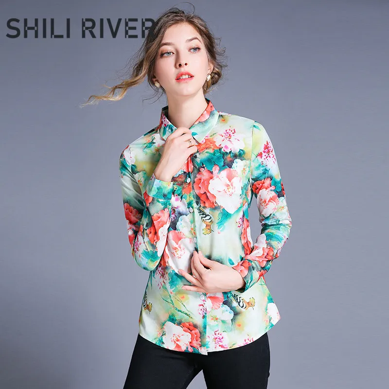  2020 new spring autumn runway designer tops for women long sleeve blouse slim casual print flower c