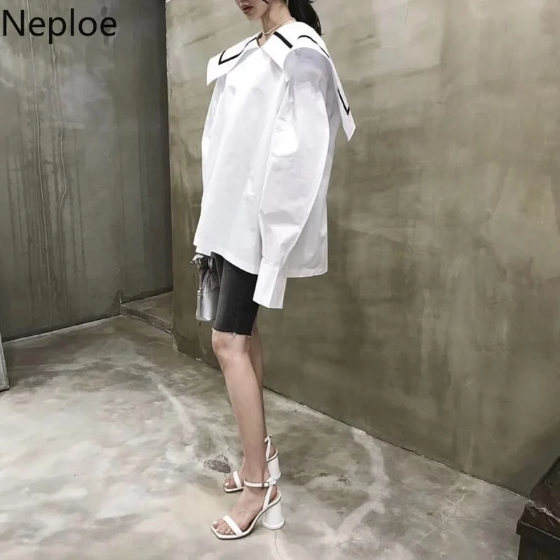 Neploe, Корейская блузка с матросским воротником и длинными рукавами, Лоскутная, Conrast, цвет белый, свободные блузы, осень-весна, новинка, дикая рубашка, 47570