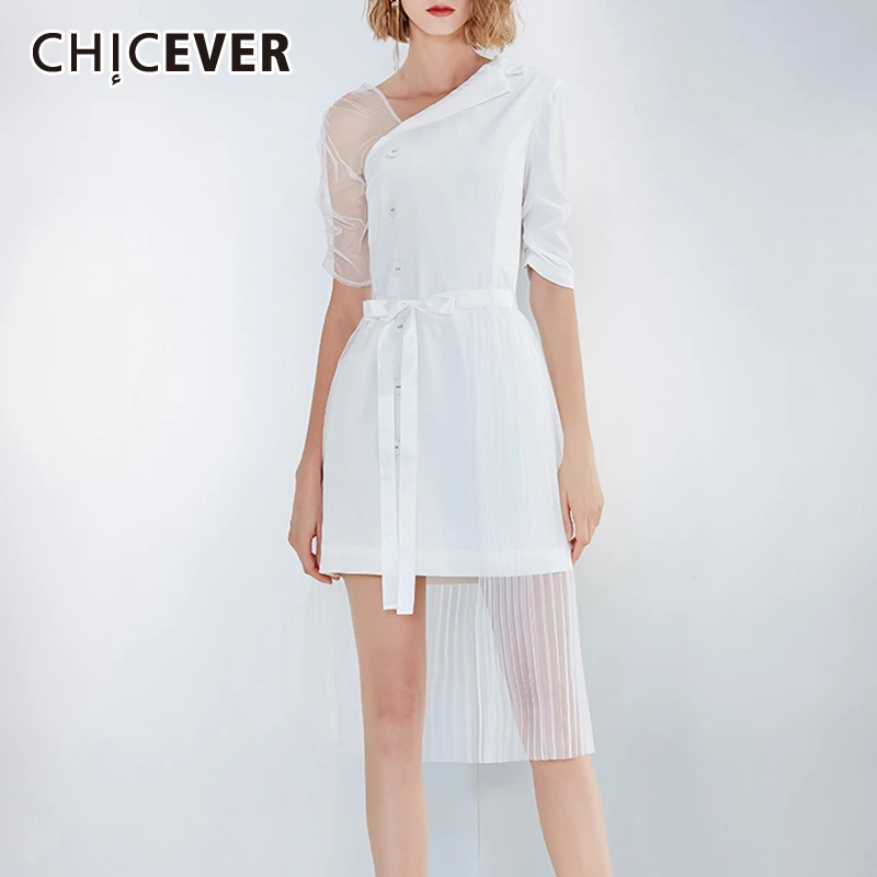 CHICEVER лоскутное Сетчатое женское платье асимметричный воротник с коротким
