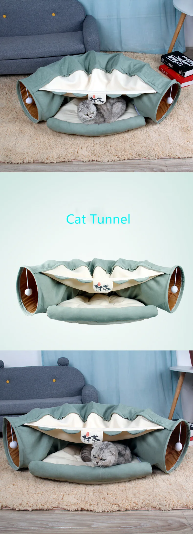 Туннель для домашних животных с ковриком, высокое качество, кот, щенок, кролик, прорезыватель, забавные игрушки-туннели, складной туннель для кошек длиной 126 см, кофейный зеленый