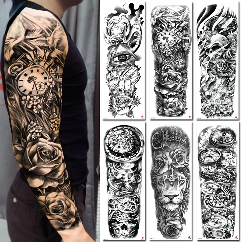 

Large Arm Sleeve Tattoo Lion Clock Rose Waterproof Temporary Tatoo Sticker Owl Angel Tiger Men Full Skull Totem Tatto Body Art