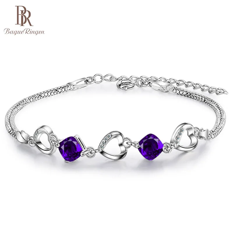

Bague Ringen Delicate Amethyst Heart shaped Chain Bracelet for Women Contracted Gemstone Silver 925 Jewelry Dating Engagement