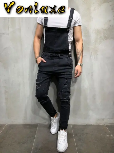 Комбинезон мужской рваный из денима модный ромпер с разбитыми джинсами одежда