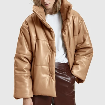 

Solid PU Leather Parkas Women Fashion High Imitation Leather Coats Women Elegant Thick Cotton Jackets Female Ladies KG