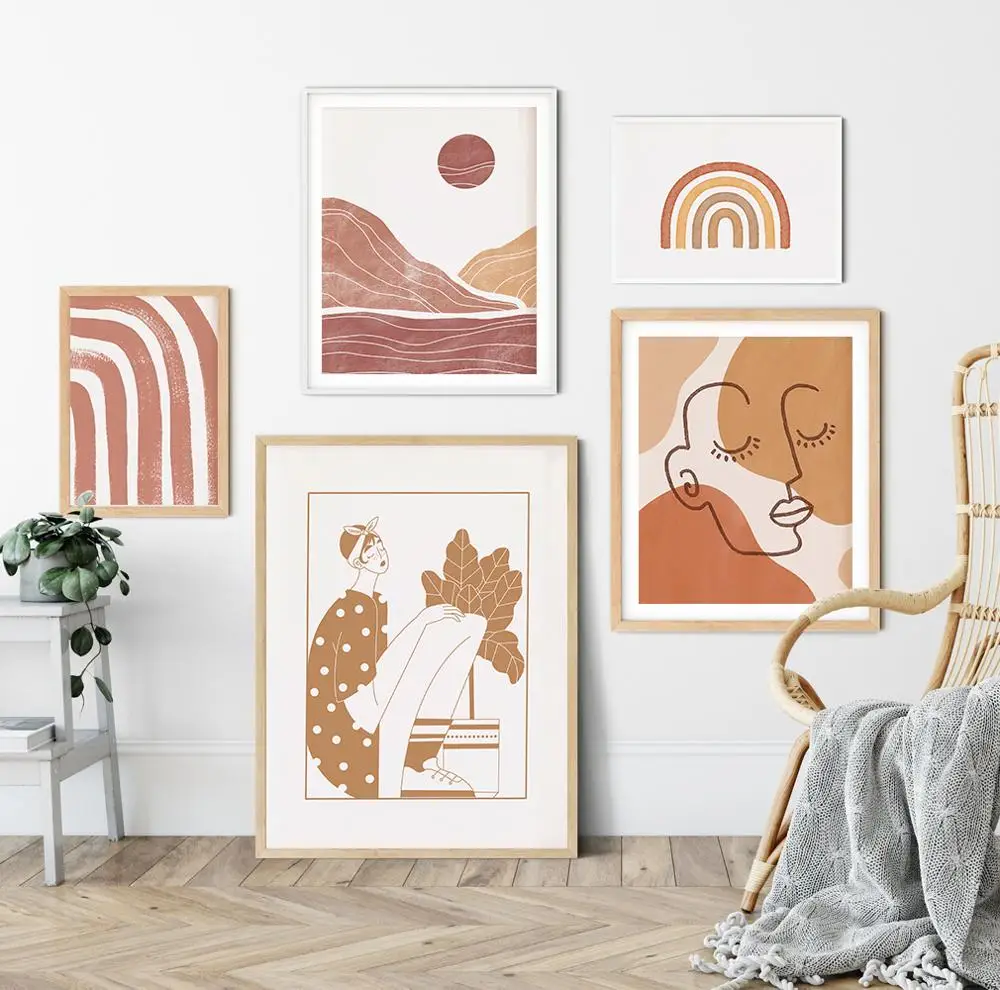 

Boho Art Vintage Poster line Woman Abstract Landscape Modern Print Minimal Rainbow Wall Painting Picture Living Room Decoration