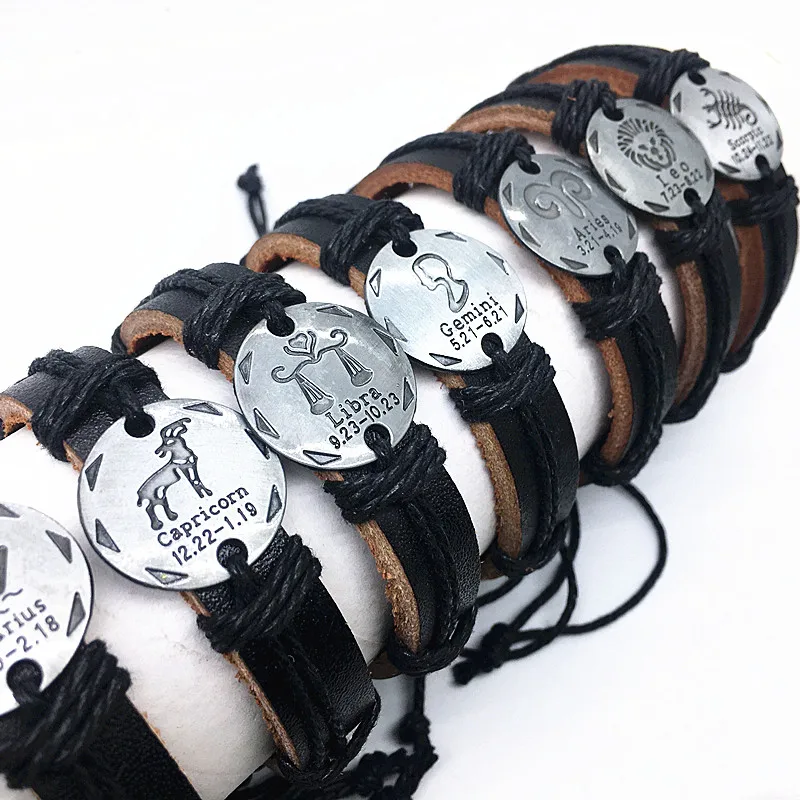 MixMax 12pcs/lot Mix 12 constellations Handmade Cuff Leather Bracelets for Men Women Bangles Wristbands Wholesale dropshipping 2