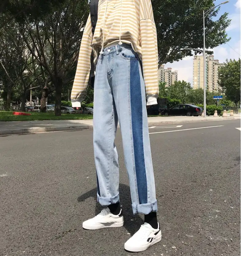 Spring and Autumn Korean Harajuku bf loose patchwork straight jeans women wide leg pants tide