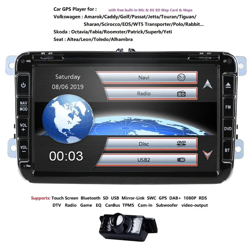 Discount 8"Touch Screen 2 Din VW DVD navigation System For Seat Polo Bora Golf Jetta Tiguan Leon Skoda SD GPS Bluetooth Radio FreeCam Map 5