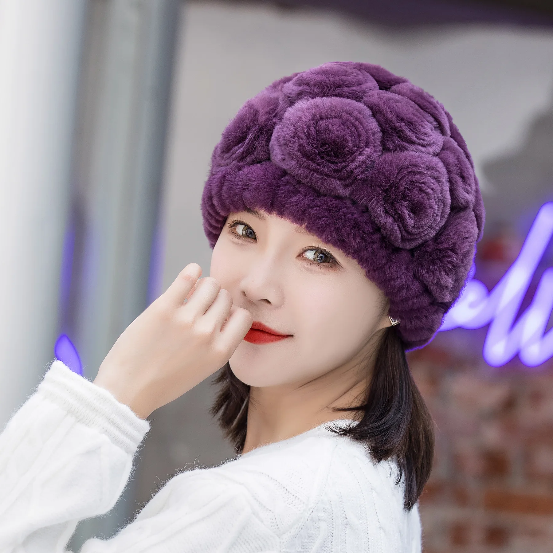 

X132 Female Rabbit Hair Hat Adult Jacquard Rex Rabbit Fur Hat Fur Elderly Ear Cap Scarf Suit Bucket Hat Beanies for Women 2pcs