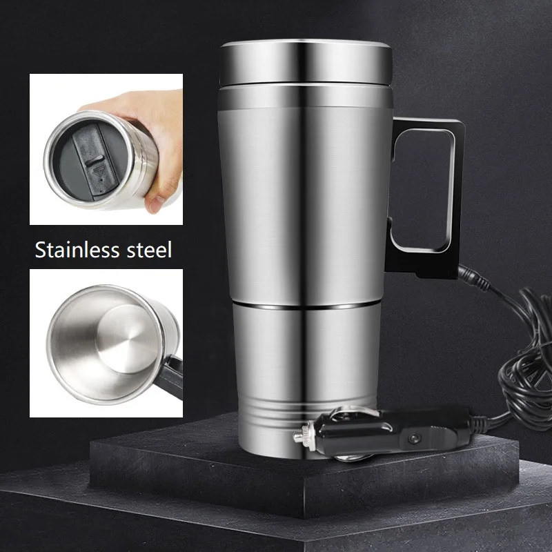 24V 1200ML Stainless Steel Car Travel Heating Mug Car Heating Kettle with Cable and Lid for Keeping Water Tea Coffee Milk Warm Car Electric Thermoses 