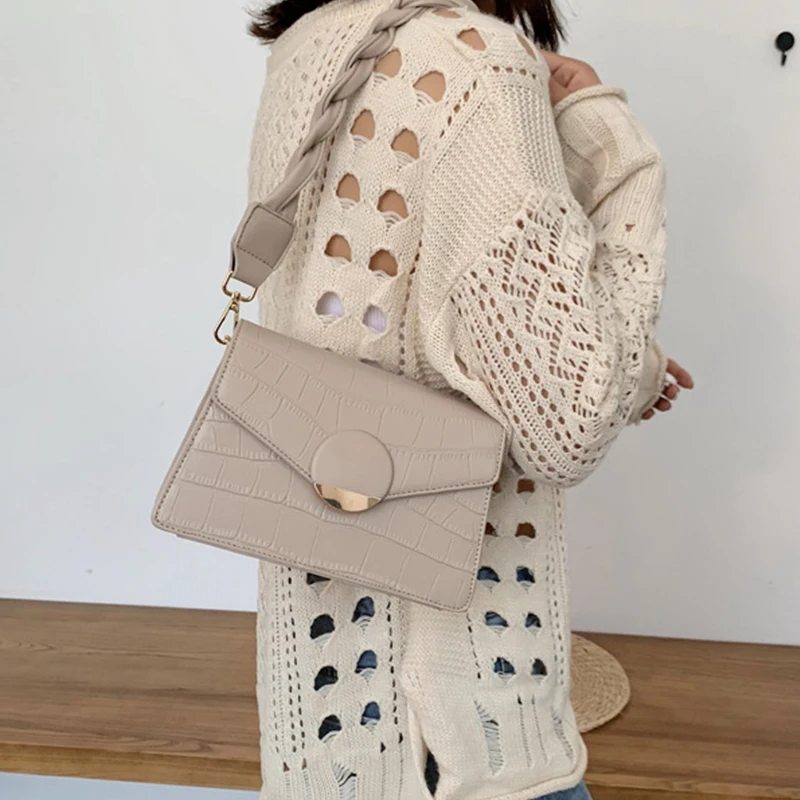 

Casual Weave Strap Flap Bags Women Shoulder Bag Designer Crocodile Pattern Crossbody Bag Female Alligator PU Leather Women Bags
