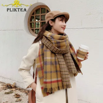 

Yellow Plaid Cashmere Scarf Poncho Women's Winter Blanket Scarves Shawl 2019 Female Warm pashmina Stole