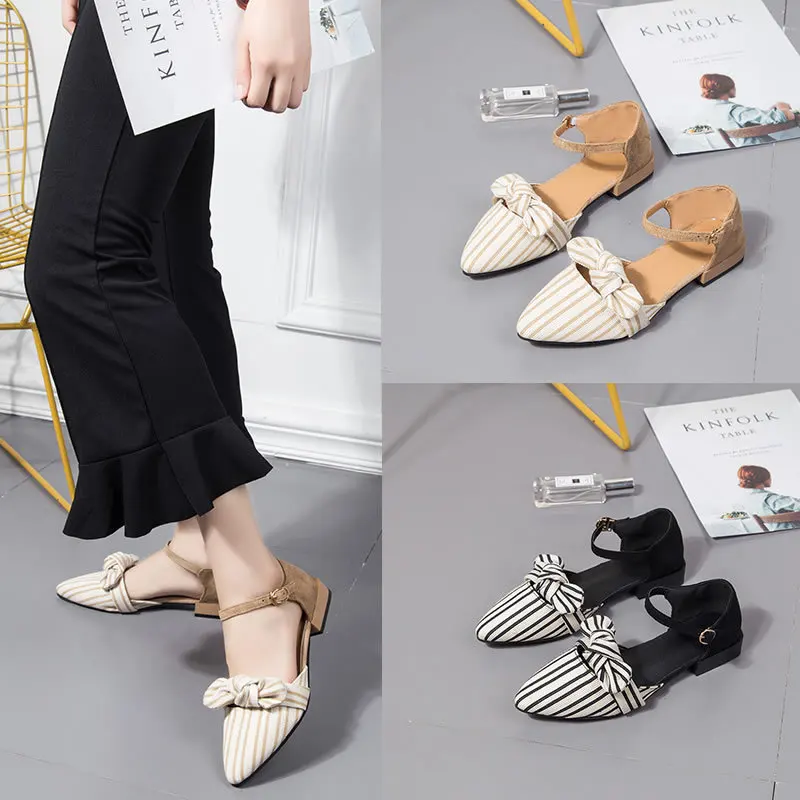 

2018 Summer New Style Bow Closed-toe Pointed-Toe Hallow Flat Sandals College Style Sweet WOMEN'S Shoes
