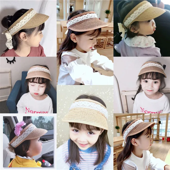 Новая детская Солнцезащитная Соломенная шляпка с регулируемым кружевным бантом шляпа с пустым верхом FDM