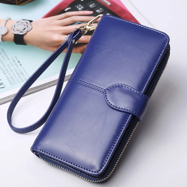 ACELURE Solid Color Women Long Wallets Simple Style Zipper& Hasp Purse With Card Holder Oil Wax Pu Leather Ladies Daily Wallet - Цвет: Blue