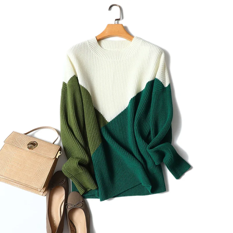 

Shuchan O-Neck Geometric Women Full Sleeve Sweater 100% Cashmere Knitted Sweaters for Women Warm Women Sweater and Pullovers