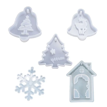 

5Pcs Christmas Theme Silicone Resin Casting Mold Kit Epoxy Resin Pendant Mold with Hanging Hole Snowflake/Xmas Tree/Elk/Bell/Tag