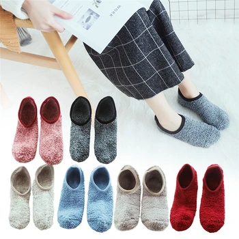 

Women Winter Silicone Fleece Non-slip Floor Slipper Sock Warm Knit Half Socks for Ladies Thicken Lined Elastic Indoor Ankle Sock
