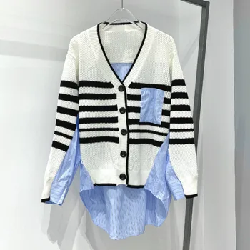 

[Brangdy] 2020 Autumn Products Long-sleeved Striped Irregular Shirt Stitching Knitting Design Large Size Casual Sweater Jacket