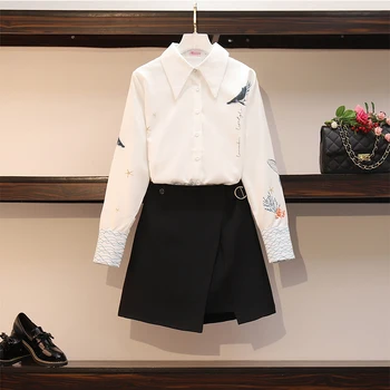

HAMALIEL New Fashion Spring Pattern Floral Print Skirt Set Women White Office Ladies Shirt 2 Piece Set + Short A Line Skirt Suit