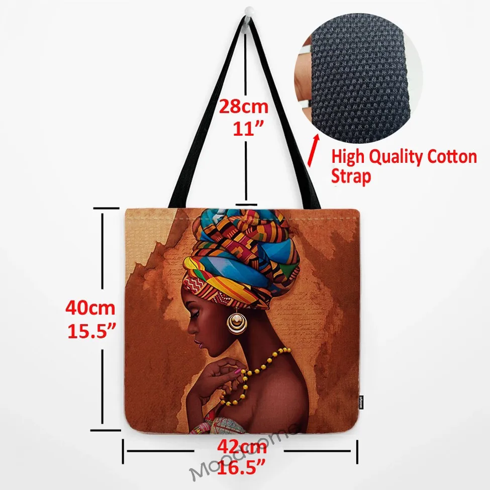 Africa Queen African Lady Woman Print Shoulder Shopping Bag Black Fashion Girl Art Water Resistant Cotton Linen Large Tote Bag