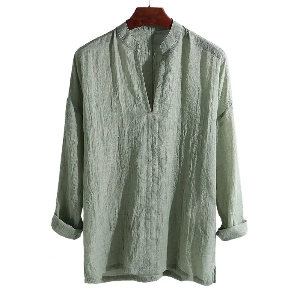 Men Solid Color Breathable Stand Collar Linen Shirt men casual shirt
