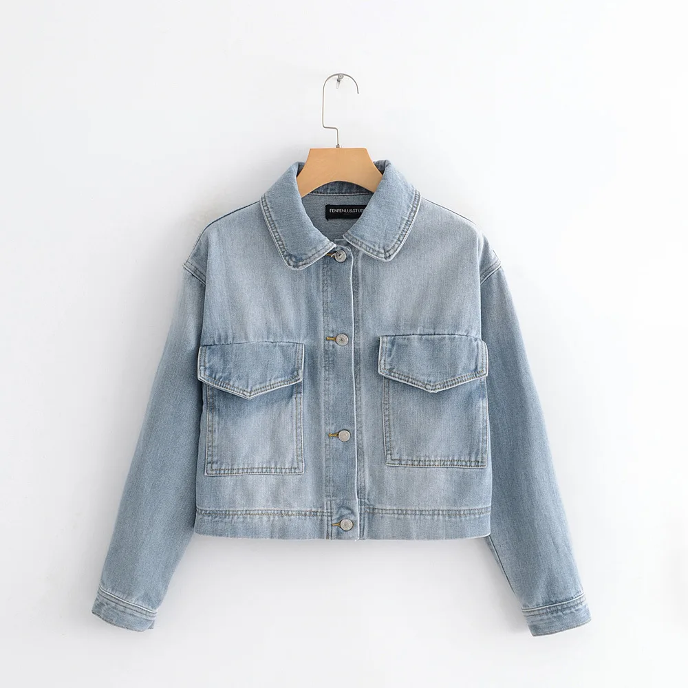 

34ys-075 2018 Autumn New Style Casual Wind WOMEN'S Dress Fold-down Collar Short Cowboy Jacket