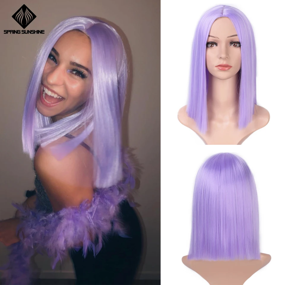 

Spring sunshine Short Straight Bob Purple Yellow Orange Pink Synthetic Wigs For Women 12 Inch Middle Part Glueless Cosplay Wigs