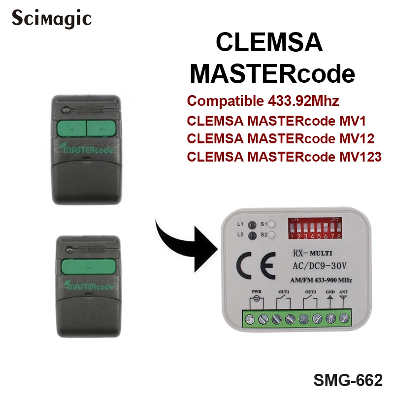 

CLEMSA MASTERCODE MV1 MV12 MV123 433.92MHz 2 channel AC DC 9-30V Receiver Remote garage CLEMSA Receiver