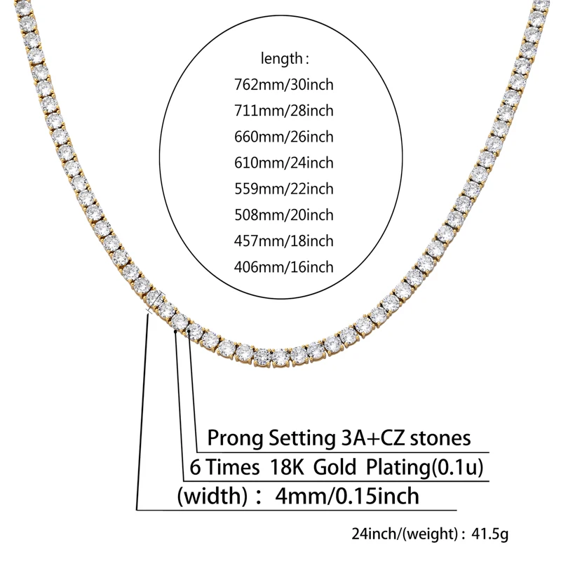 TOPGRILLZ 3MM-6MM Spring buckle Iced Out Full Cubic Zircon 1 Row Tennis Chain Necklace Gold Silver Color Hip Hop Jewelry TOPGRILLZ 3MM-6MM Spring buckle Iced Out Full Cubic Zircon 1 Row Tennis Chain Necklace Gold Silver Color Hip Hop Jewelry