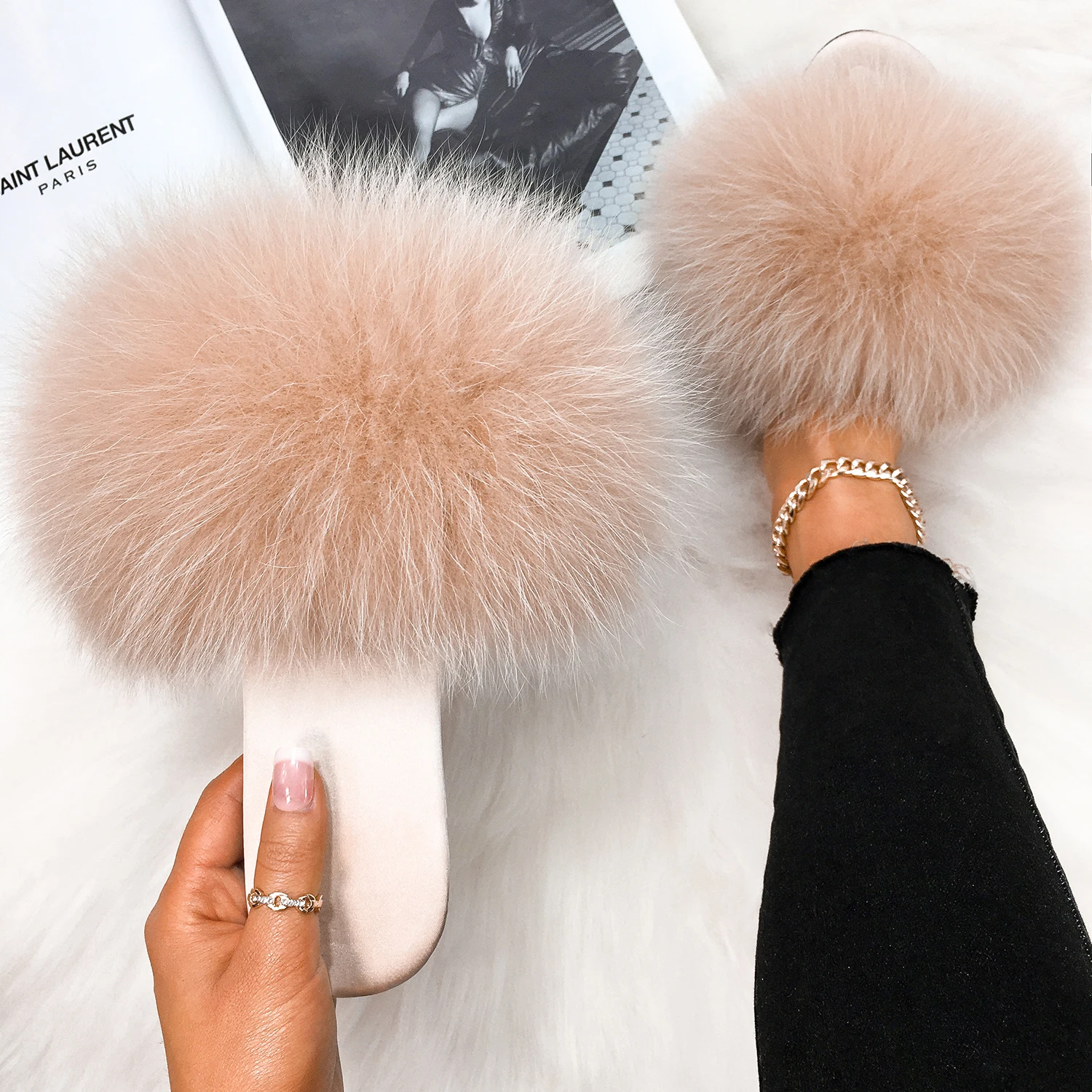 Pantofole In Vera Pelliccia Di Volpe Infrado Soffici Catena Lucida Scivoli In Pelliccia Pelosa Pantofole Da Casa In Peluche Sandali Piatti Da Spiaggia Da Donna Scarpe Estive - Foto 9