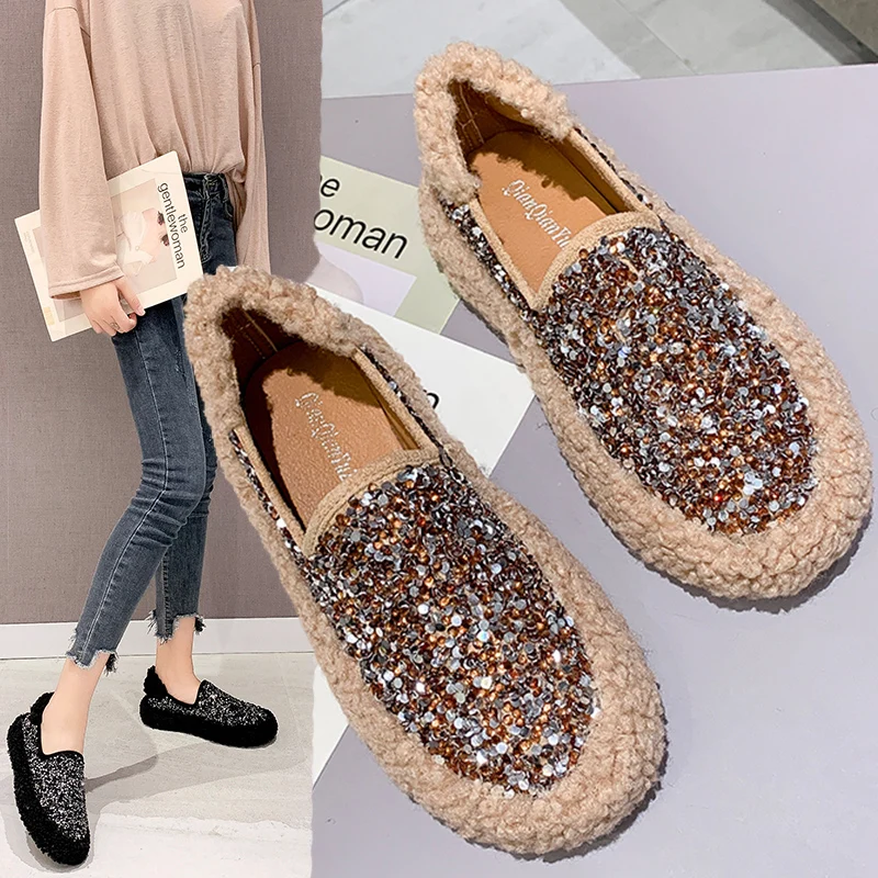

Bling bling furry shoes woman famous designer winter plush flats glitter casual round toe loafers comfy fashion footwear korean