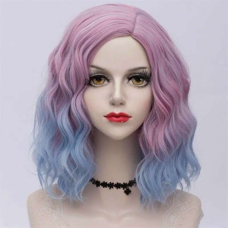 27 стиль радуги многоцветные Хэллоуин 35 см вьющиеся синтетические парик Лолита Средний Омбре вечерние Косплей - Цвет: Pink Gradient wig