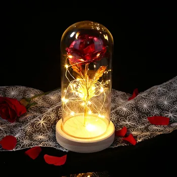 

Artificial Gold Rose Flower LED Light String In Glass Dome On Wooden Base The Best Gift For Valentine’s Day, Mother’s Day Weddi