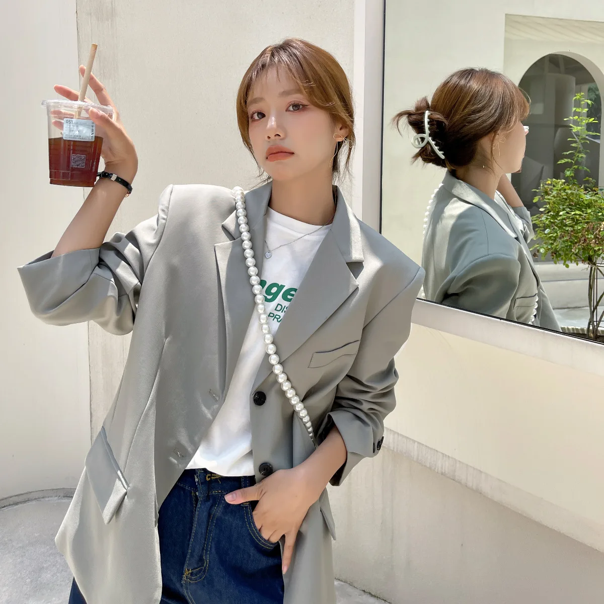 

JESSIC Inclined Sleeve Design Sense Of Casual Small Suit Jacket Female Early Autumn Temperament Loose Korean Version 2021 New